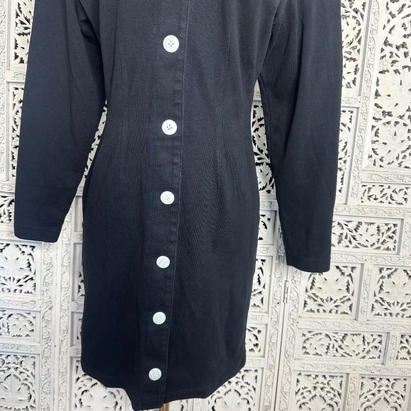 Vintage Brass Plum Nordstrom Black Strong Shoulder Long Sleeve Button Up Dress - Picture 3 of 7